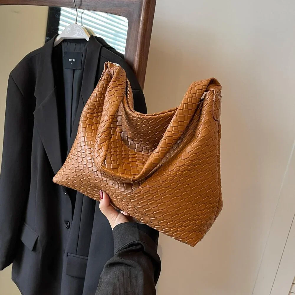 Women's Brown Soft Vegan Leather Woven Shoulder Top-handled Hobo Slouchy Bag